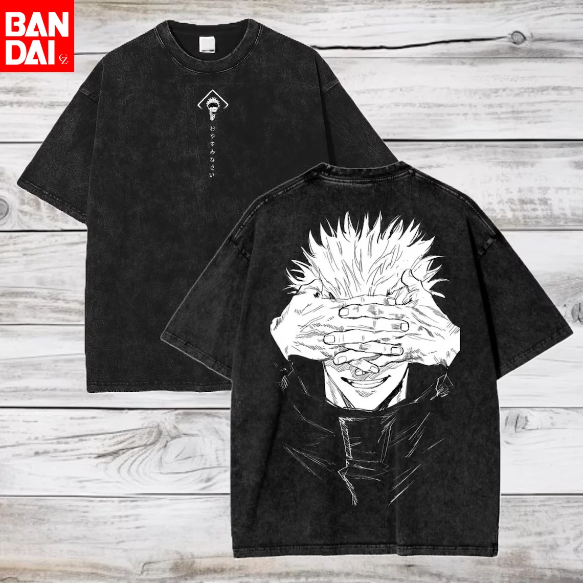 Camiseta Gráfica Vintage Lavada de Jujutsu Kaisen Itadori Yuji para Hombre, Estilo Retro Anime Streetwear, Oversize de Algodón de Manga Corta Harajuku
