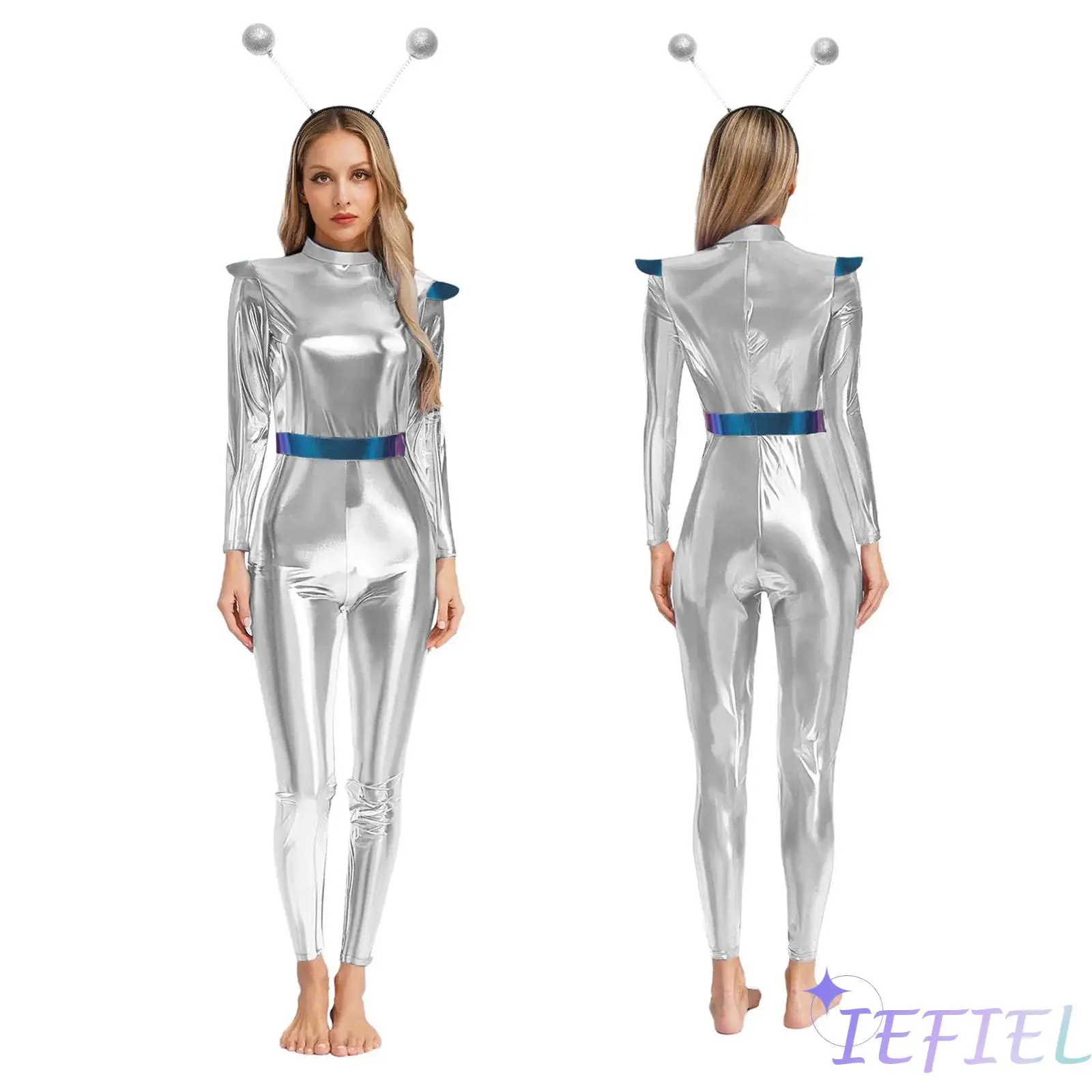 

Womens Futuristic Alien Robot Jumpsuit Metallic Shiny Full Body Bodysuit Unitard with Headwear for Halloween Theme Party Cosplay