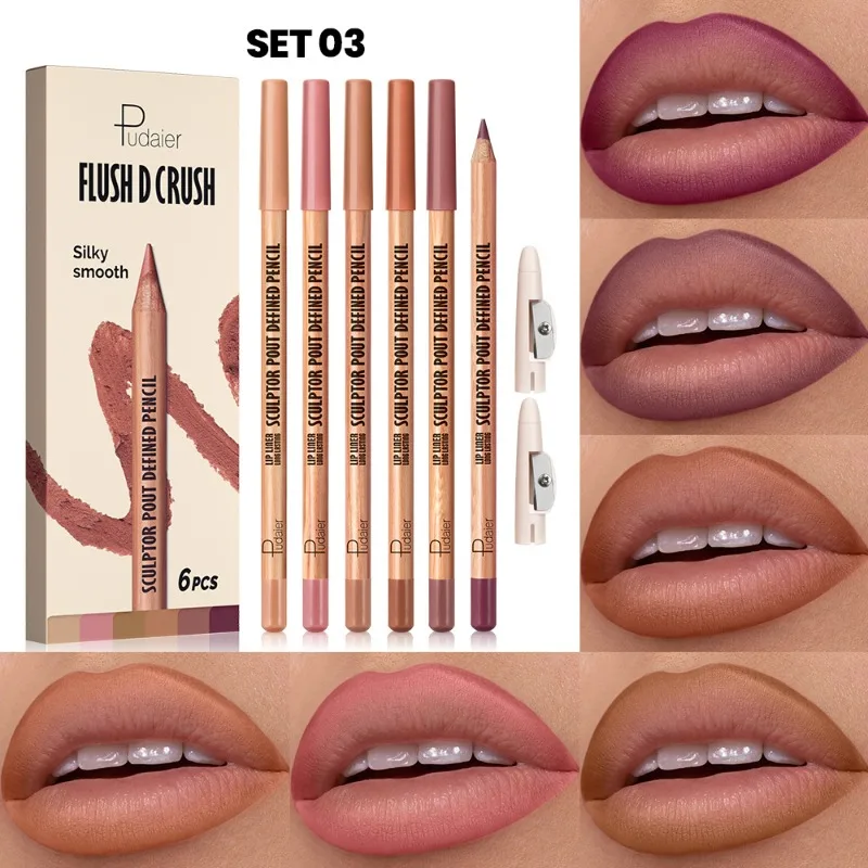 Novo sedoso multi funcional tom durável lápis de maquiagem 6 peças lipliner caneta caso fosco anti mancha diário cor nude caneta labial