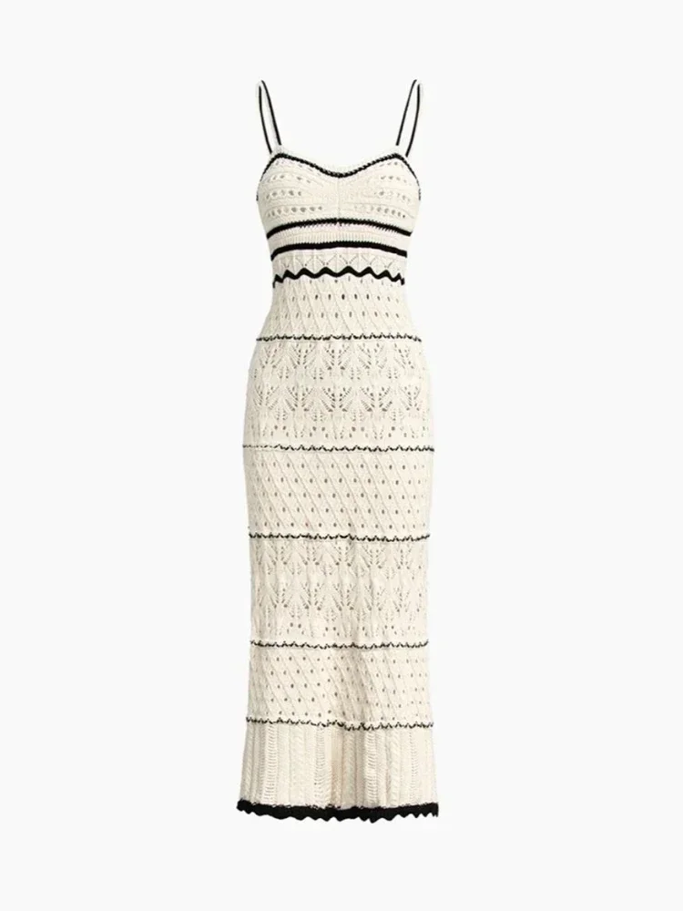 Woman\'s Beach Wind Mesh Knit Sling Dress Sleeveless V-neck Thin Shoulder Straps Camisole A-line Long Skirt New Female Chic Dress