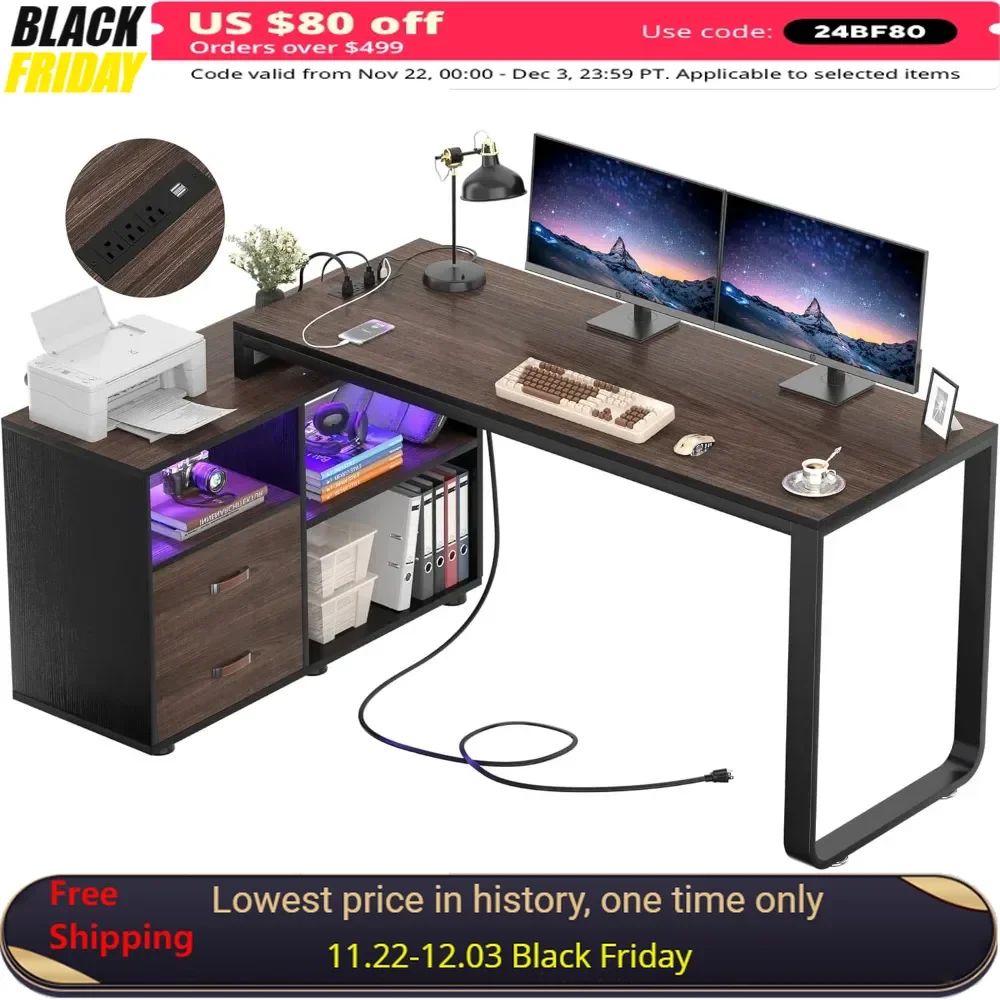 Desk, Reversible 55-inch Computer Desk with File Cabinet and Power Outlet, LED Light Strip, Storage Shelf,L-Shaped Computer Desk