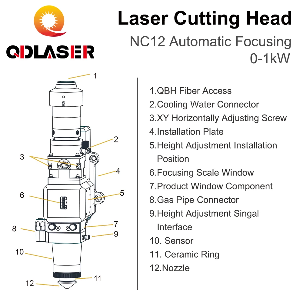 QDLASER WSX Testa di taglio laser a fibra QBH 0-1KW NC12 Messa a fuoco automatica 1000W Lente di collimazione F75/100mm per il taglio dei metalli