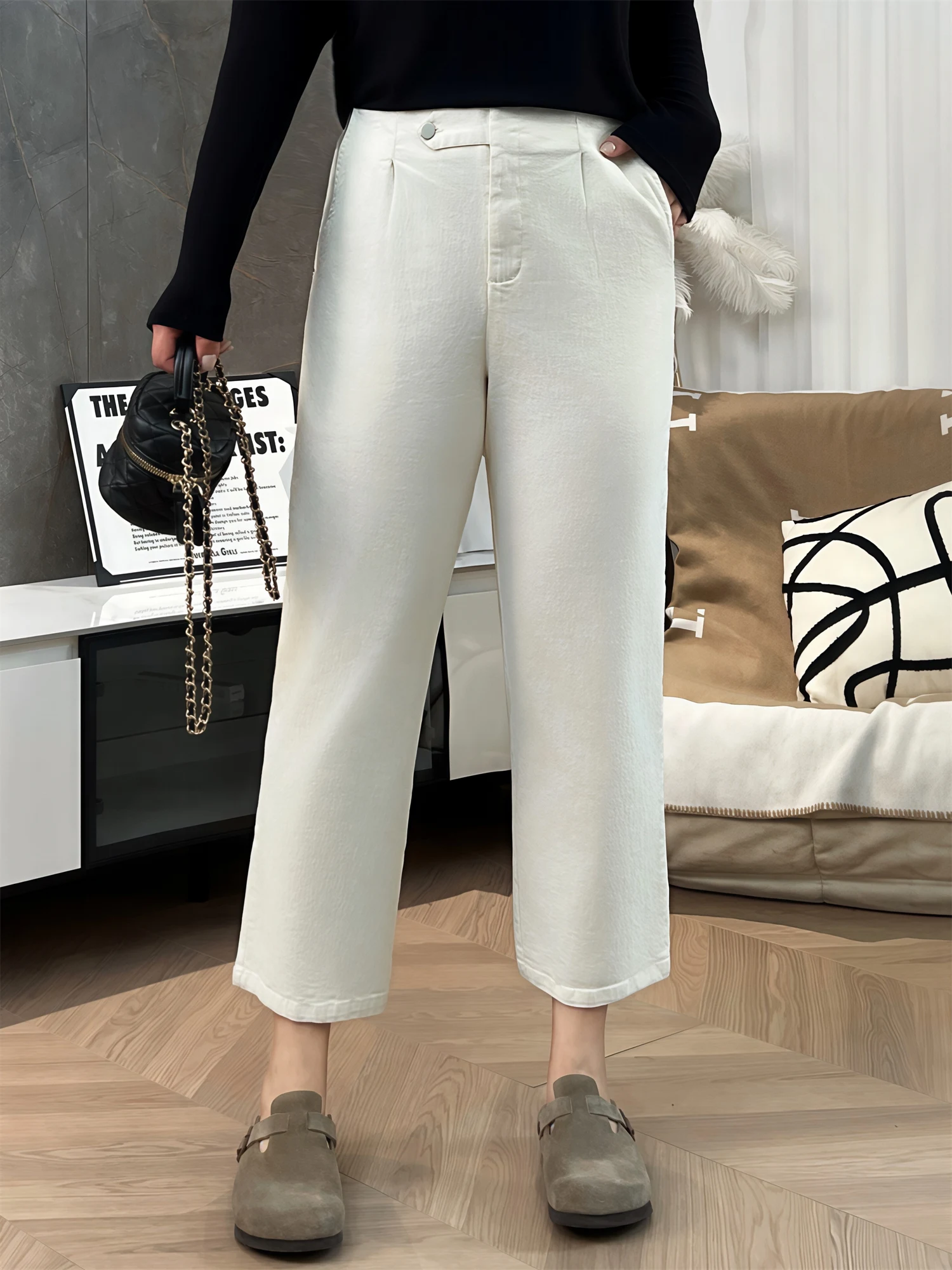 

Джинсы с высокой талией и прямым кроем, больших размеров, женские, повседневные, эластичные, утягивающие, из хлопковой смеси, удобные брюки больших размеров