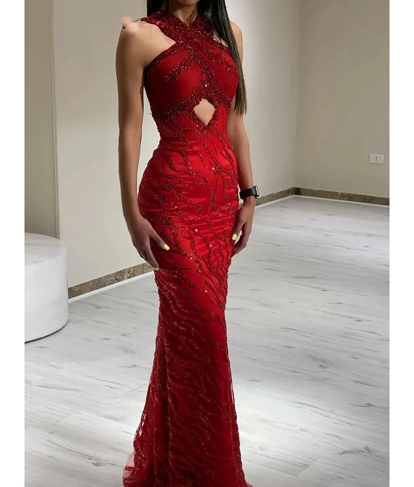 

Customized Sexy Organza Mermaid Sequined Crystal Evening Dress High Quality Sleeveless Halter Floor Length Celebrity Gowns