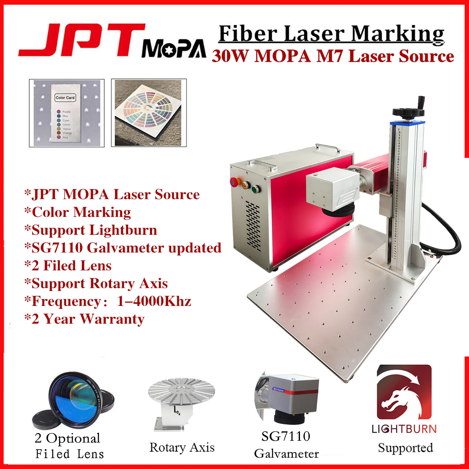 JPT M7 MOPA 20W 30W 60W 80W 100W Fiber Laser Engraving Color Marking Machine Metal Steel Jewelry Gold Ring + SG7110 Galvo