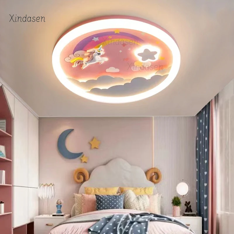 Kawaii Pink Unicorn Ceiling Light Kids Room Baby Pincess Girl Bedroom Chandelier Ceiling Decor Colourful Star Rainbow Cloud Lamp