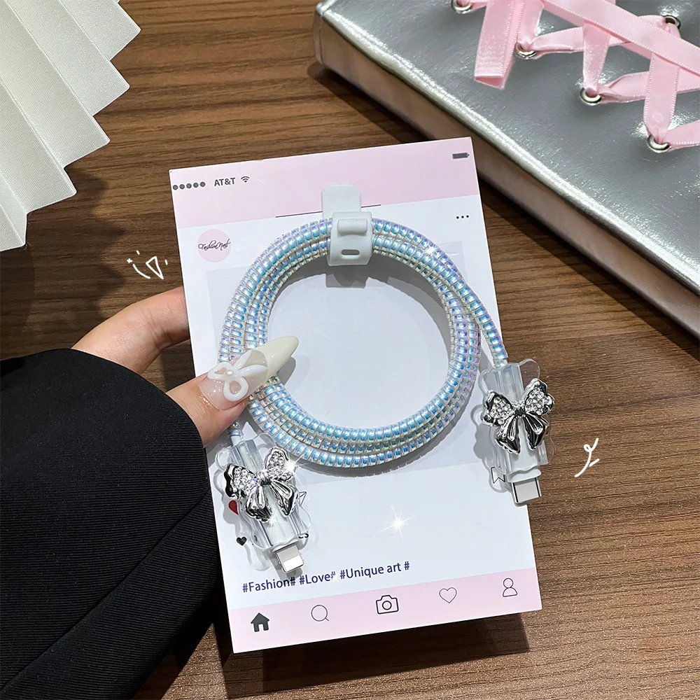 لطيف لؤلؤة الحب القلب القوس الكهربائي الفضة USB حامي غطاء آيفون 18 واط-20 واط كابل نقل بيانات رئيس الحبل شحن سريع