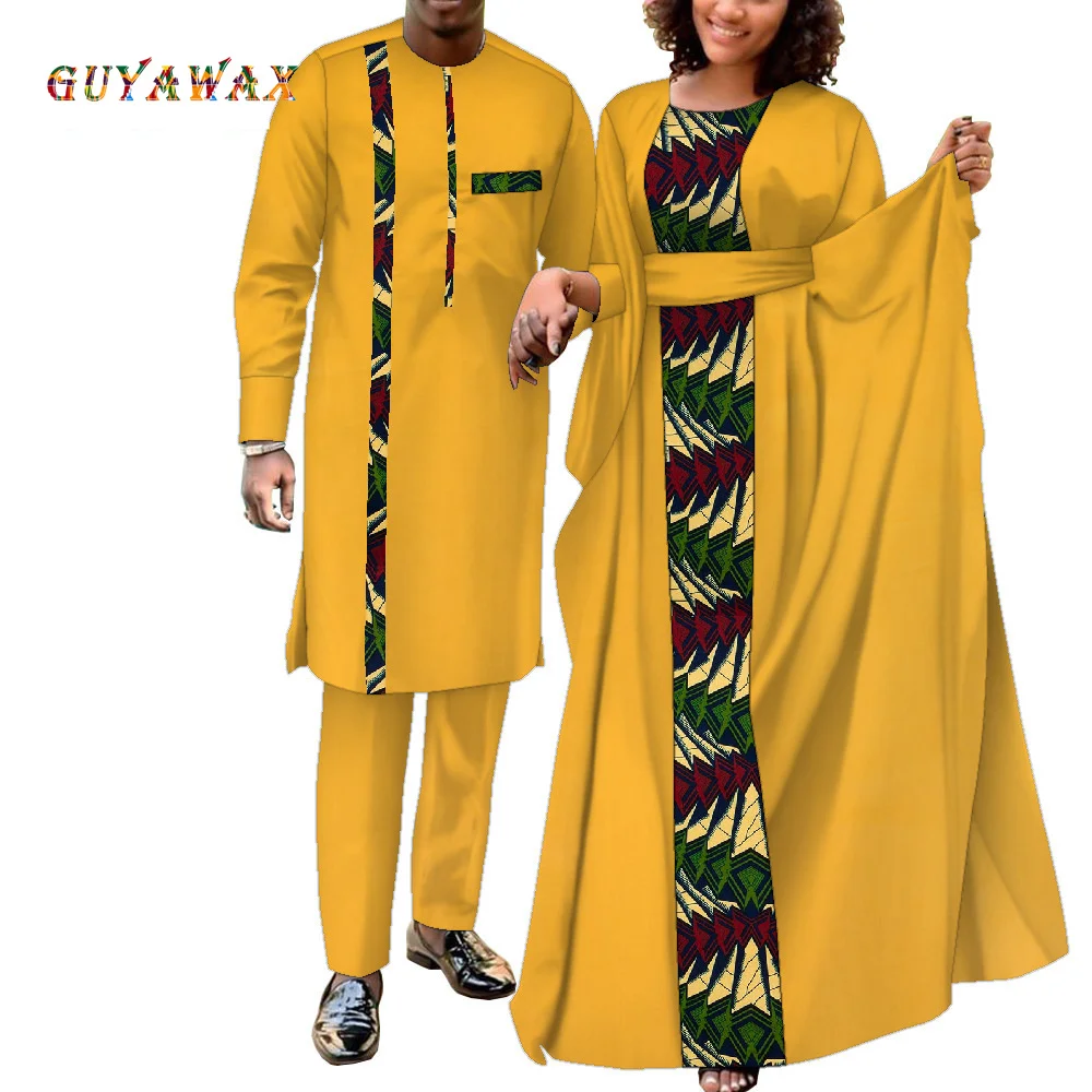 African Couple Clothes Men Women Matching Agbada Robe Dress Set for Wedding Daily Love Wear Outfit Patchwork Robe Mermaid Dress