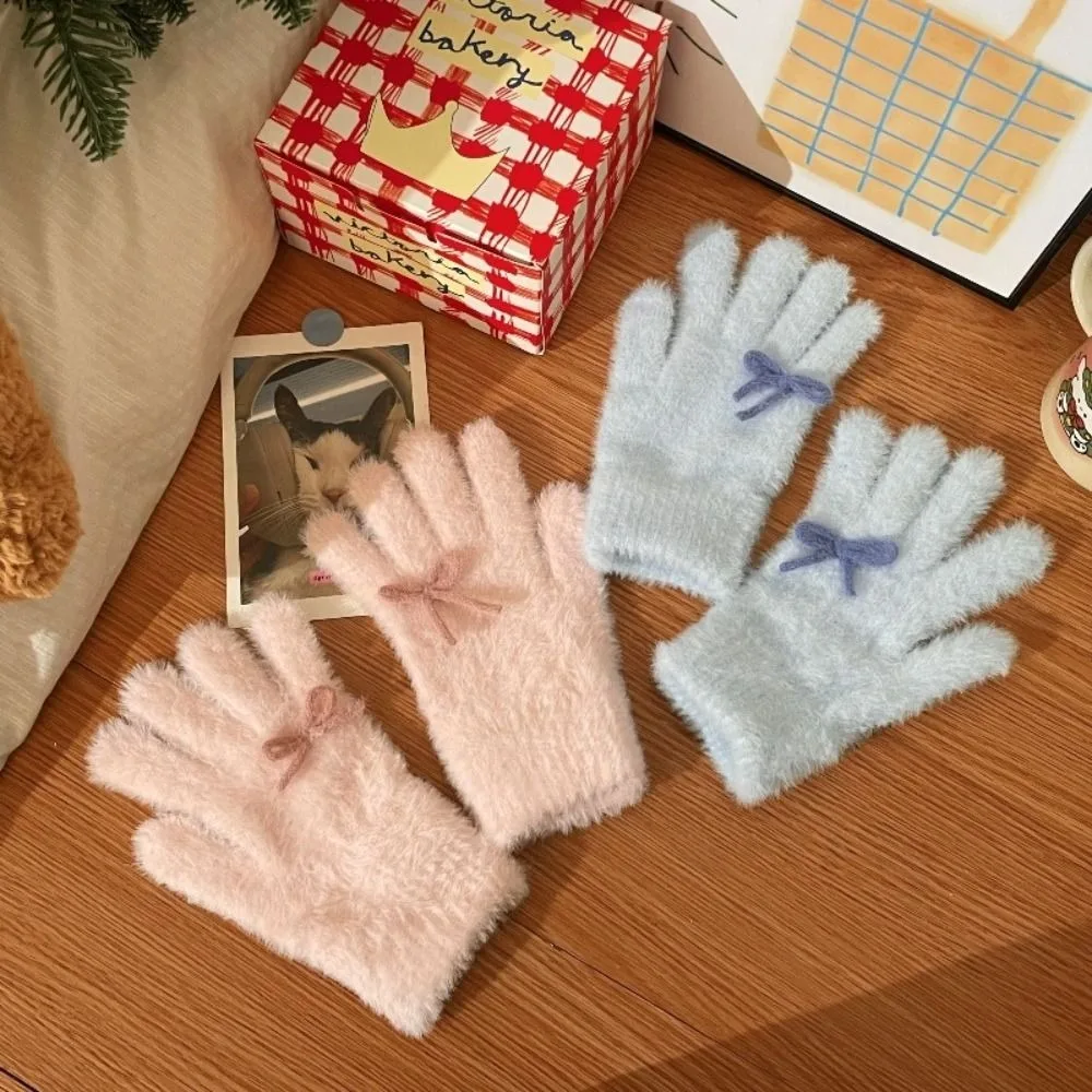 موضة الحليب الأزرق مسحوق الحليب قفازات محبوكة Bowknot Coldproof القفازات الدافئة يندبروف سميكة الخريف الشتاء قفازات النساء