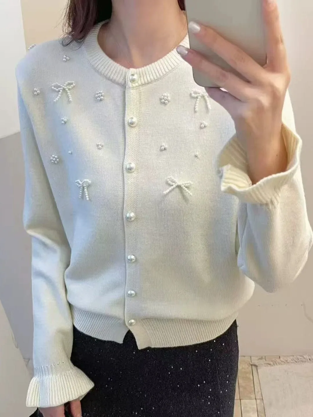 Korean Style Gentle Flower Bead Knitted Open Cardigan Spring Autumn New Large Size Elegant Age Reduction Versatile Top