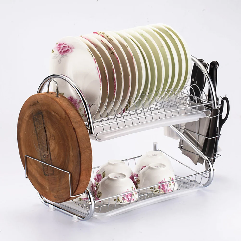 Stainless Steel Dish Drying Rack 2 Tier Drain Rack with Drainboard Utensil Holder Dish Strainer Storage Shelf for Kitchen