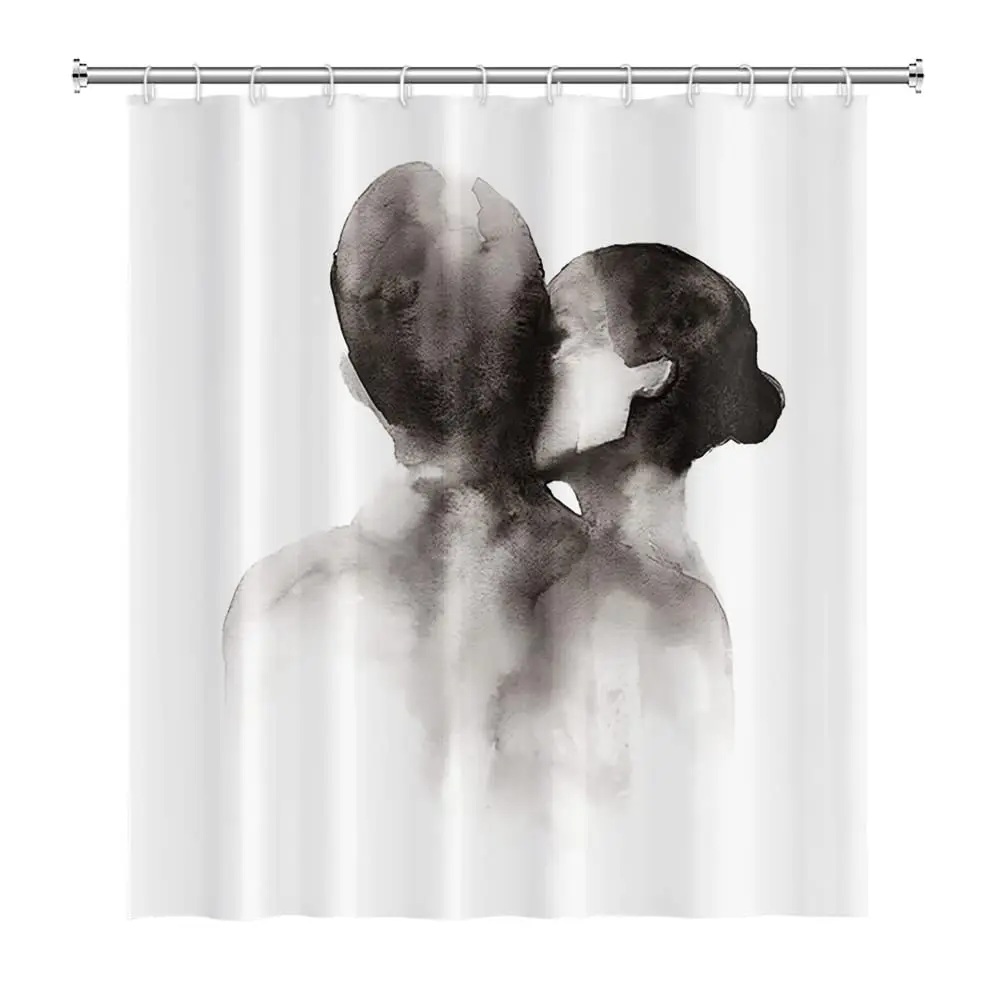 Abstract Hand Painting Shower Curtain,Women Sketch Bath Curtain Lover Human Body Minimalist Art Waterproof Bathroom Curtain Set