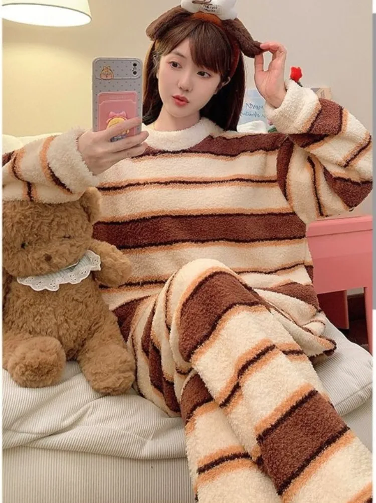 M-5XL حجم كبير النساء شتاء دافئ 2 قطعة مجموعات رشاقته هافت بيجامة من الصوف مجموعة الطلاب الكورية مخطط المتسكعون ملابس المنزل #6