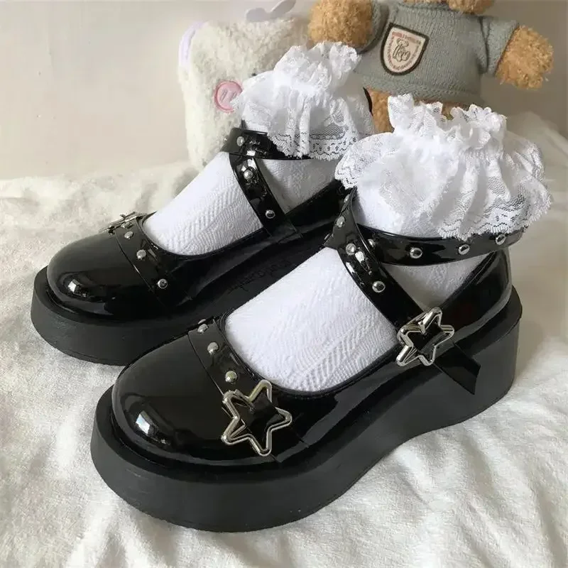 Buty Lolita buty damskie obcasy platforma mary janes gwiazda pasek z klamrą Mary Janes kobiety wiązane krzyżowo dziewczyny nit Casual kawaii buty