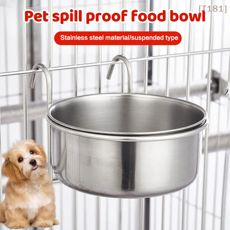 [E] Crate Dog Cat Bowl Stainless Steel Hanging Pet Cage Bowl Food Water Feeder Coop Cup For Cat Puppy Birds Rats 5 Sizes