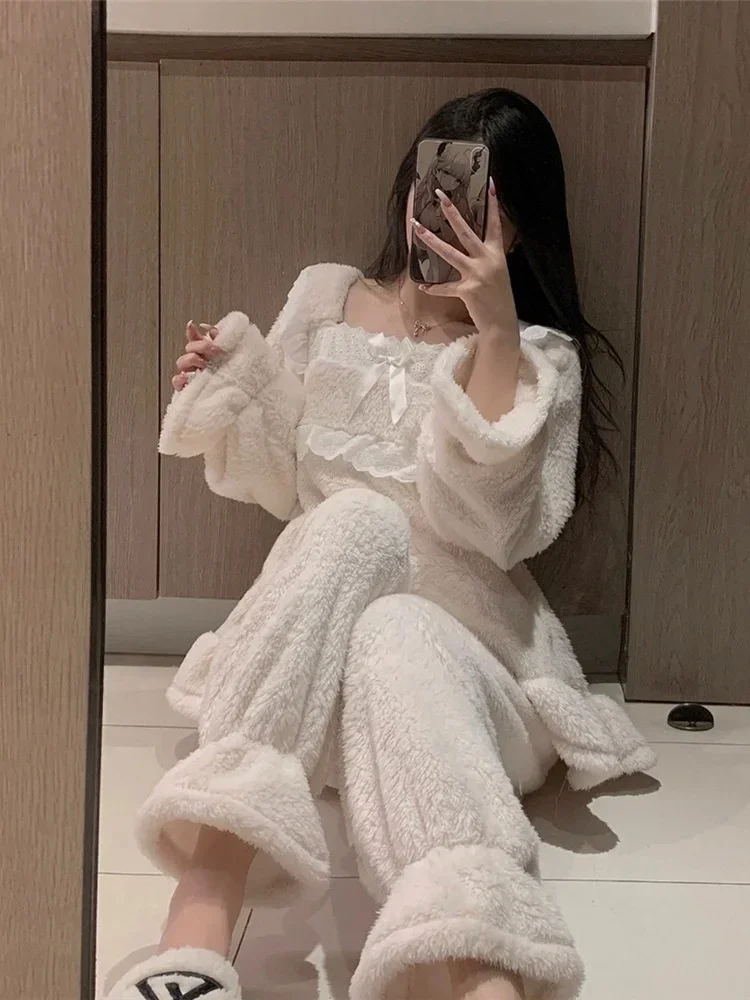 Coral Fleece Nightdress Women Autumn and Winter Flannel Pajamas Thickened Pure Desire Wind Sweet Winter Warm Homewear Set