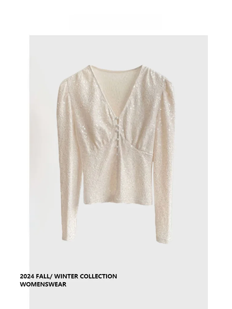 

Женская блузка Forever 2 Retro с пайетками и V-образным вырезом, украшенная жемчугом, элегантная, для офиса, длинный рукав, осенняя коллекция