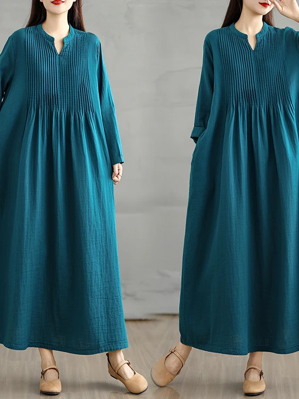 Retro artístico suelto viaje doble capa Midi Dr mujer cintura alta recogida larga Sve A-Line falda V-Ne Dr