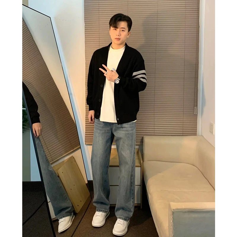 

Deep Blue American Retro Men's Jeans Straight Leg Slimming High Street Micro Flared Knife Spring Autumn Sle