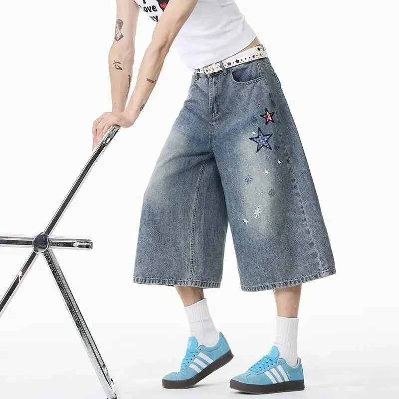 LUZHEN 2026 Summer Original Embroidery Pentagram Pattern Straight Denim Cropped Trousers Men's Fashion Loose Casual Jeans JY7293
