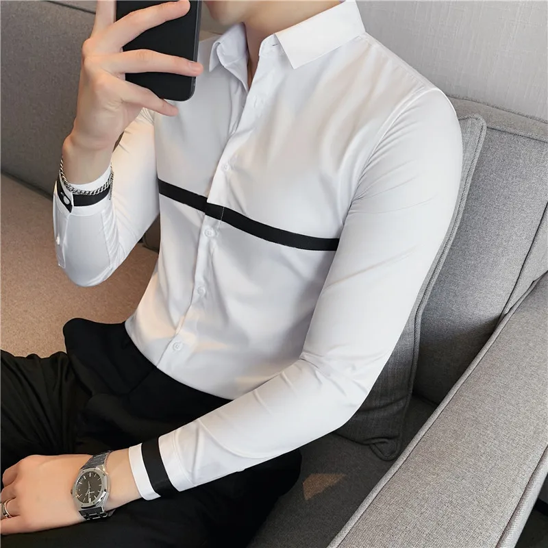 Autumn Long Sleeve Shirts Slim Fit Casual Business Formal Dress Shirts Ribbon Decoration Social Party Office Shirts Men Clothing