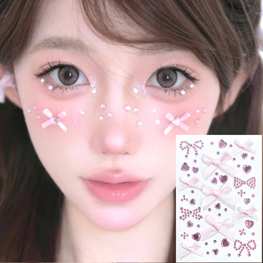 5D الشريط القوس والقلب حجر الراين ملصقات الوجه الوردي/الأحمر تألق فراشة جوهرة لعيد الميلاد عطلة حزب ماكياج ملصقات ديكور لتزيين الغرف