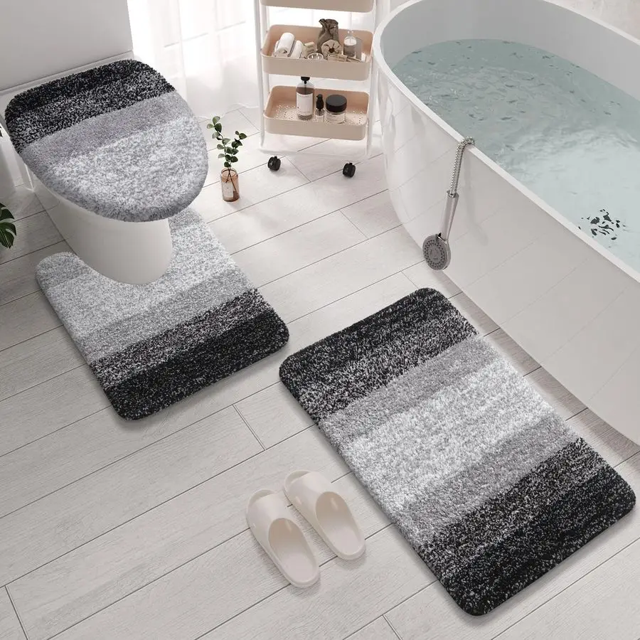 

Microfiber Bathroom Rugs 3 Piece with Toilet Lid Cover, Shaggy Soft and Absorbent Bath Rug, NonSlip, Machine Washable Bath Mats