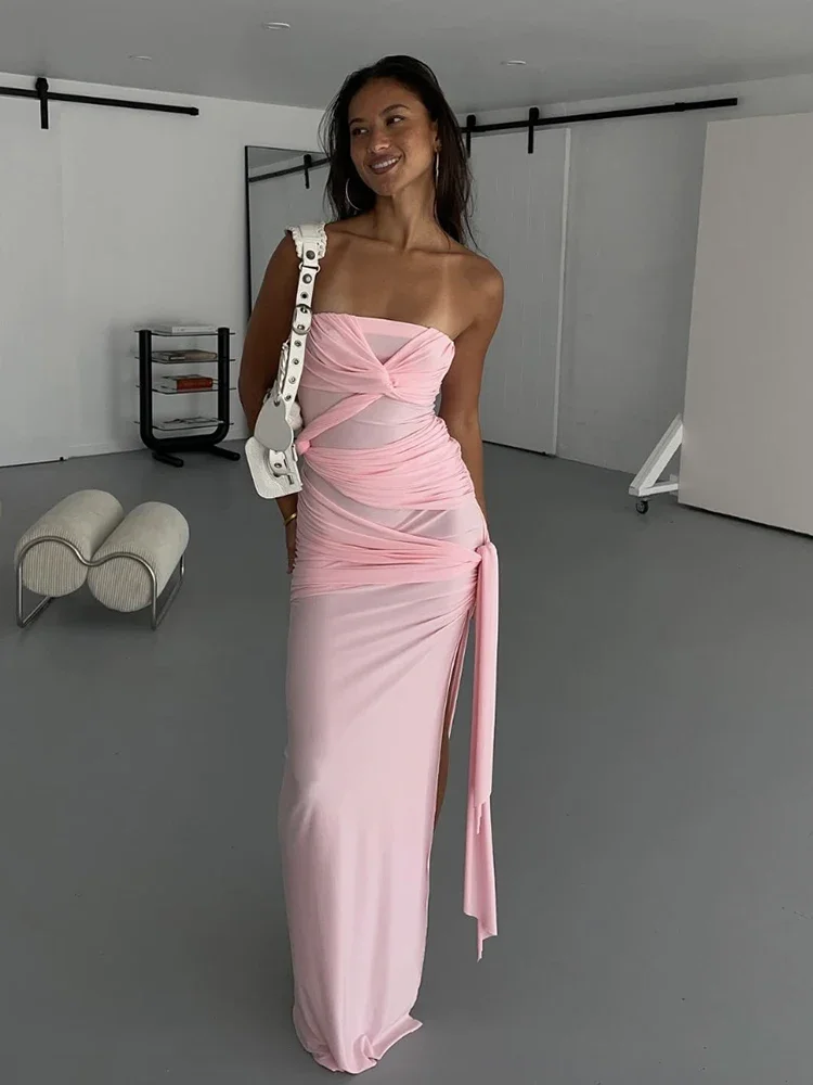 

Backless Dress Women Ruched Chest Wrap Cross Bandage Sleeveless Tassel Y2K Street Trend Elegant Slits Long Bodycon