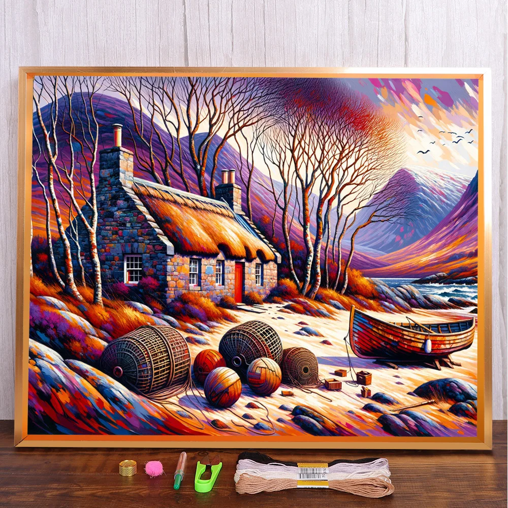 Scenery House By River Pre-Printed Cross Stitch Embroidery Full Kit Handicraft Handiwork Knitting Painting Magic Stamped Counted