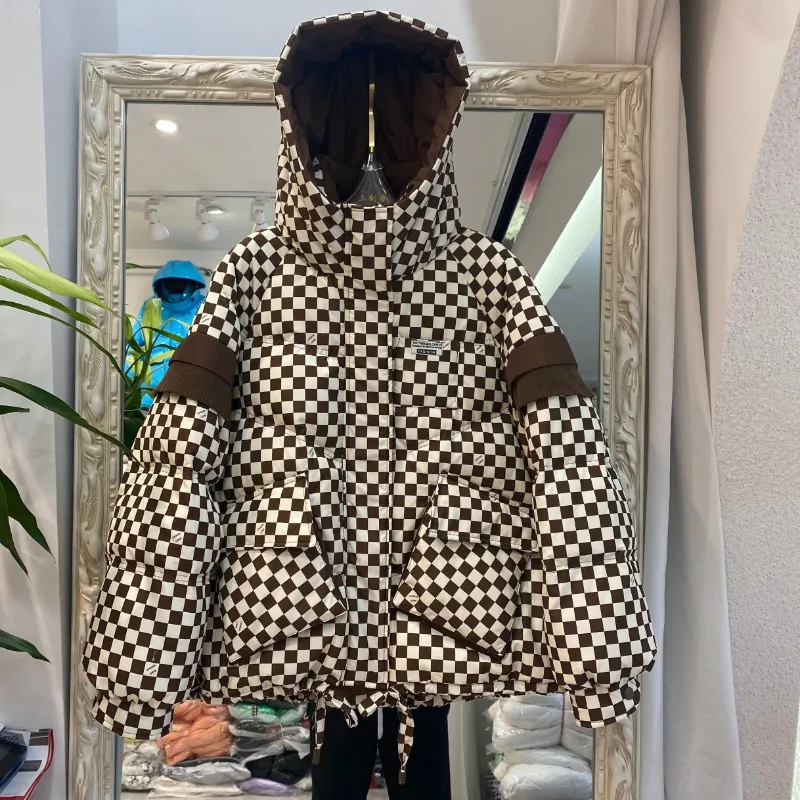 Women\'s Green Checkerboard Down Jacket Winter Oversize Loose Parker Clothes 2024 Korean Thickened Fashion White Duck Puffer Coat