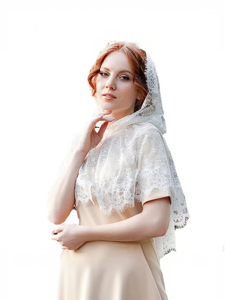[YU]Woman Lace Shawl Wedding Church Lace Trim Scarf Soft Lightweight Scarf With Hoodie For Hot Weather Sunproof Supplies