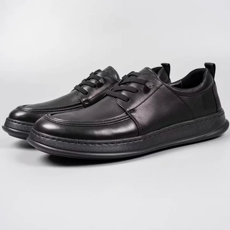 Black Men's Business Casual Leather Shoes Cowhide Leather Sneakers Large Head Leather Shoes For Men sheepskin Lining Dad Shoes