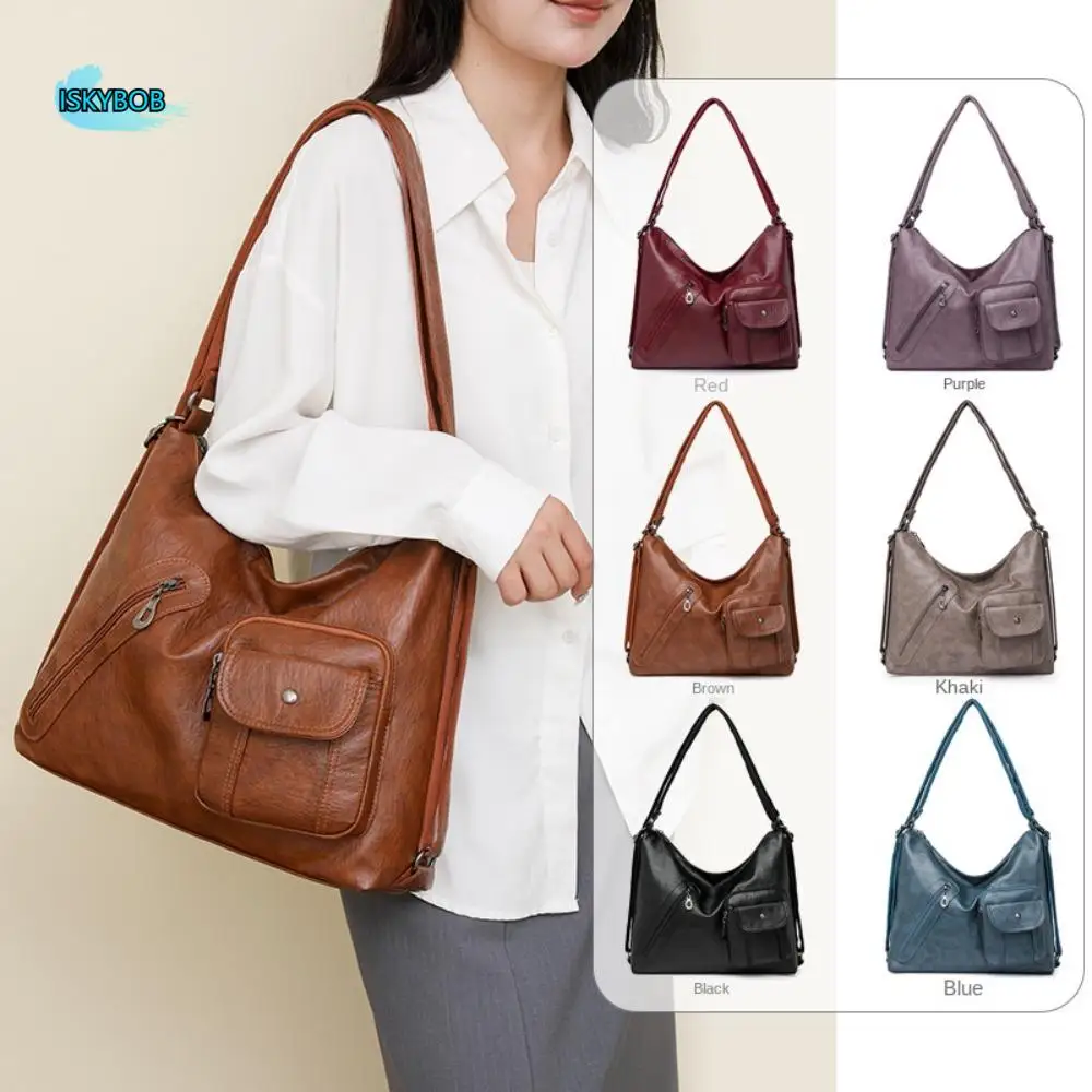 

Fashion Retro Vintage Leather Tote Bag Korean Style Dual-use Woman Underarm Bag Punk Large Capacity Casual Commuting Bag Girls