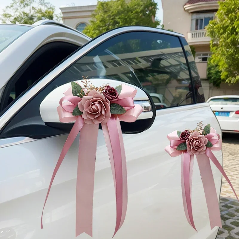 Espejo retrovisor para coche de boda, decoración de flor, manija de puerta, decoración de lazo, flor de simulación Retro, flor trasera para silla de boda, 1 ud.