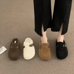 Loafers Flock Shoes Winter Woman Slipper Low Slides Cover Toe Pantofle Fur Flip Flops Flat 2025 Plush Rubber Basic with fur Buck