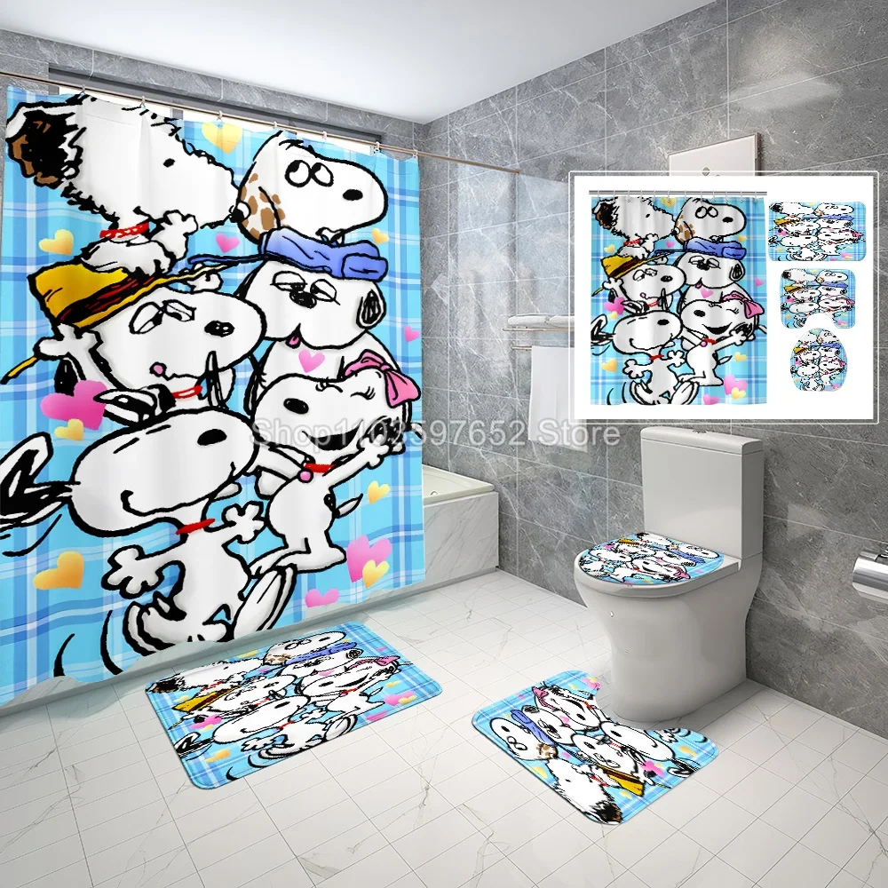 Snoopy Shower Curtain Bath Mats 4 Set Piece Various Sizes Kawaii Bathroom Cartoon Great Gift Kids Cute 100% Polyester