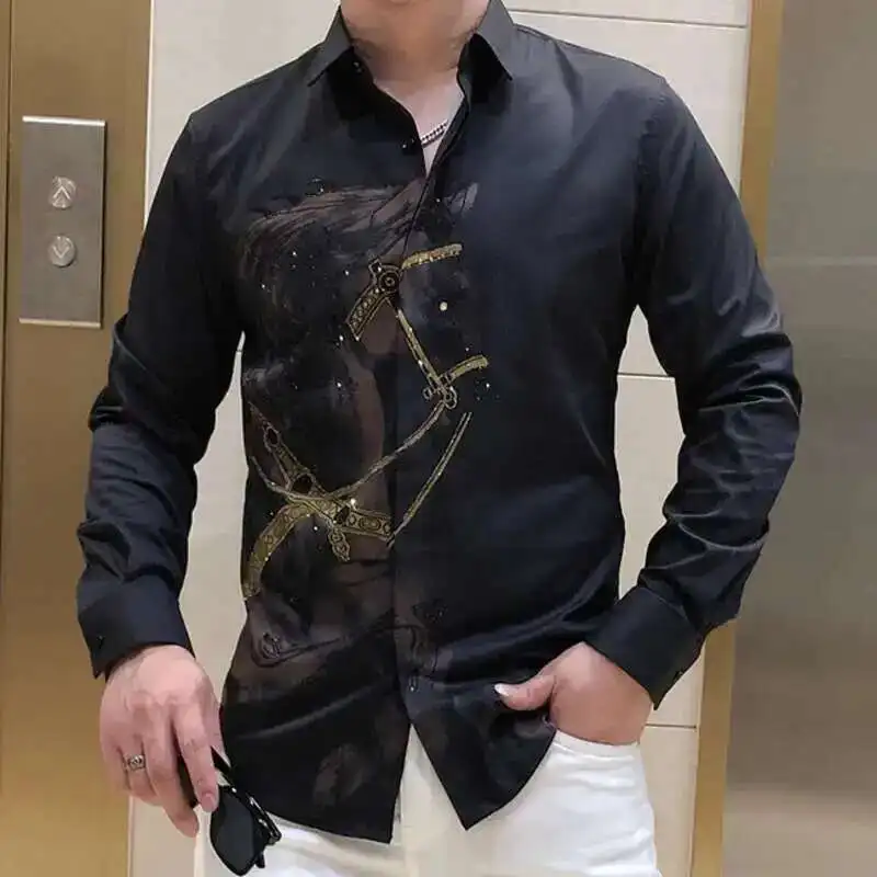 

Rhinestones Shirts Mens Luxury Top Diamond Men's Shirt Long Mouw Slim Casual Shirt Black Animal Horse Shirt Social Camisa Hombre