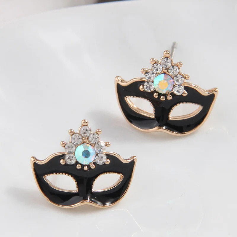 Kymyad Korean Style Crystal Stud Earrings for Women Gold Color Enamel Mask Women\'s Earring Statement Luxury Gift Jewelry