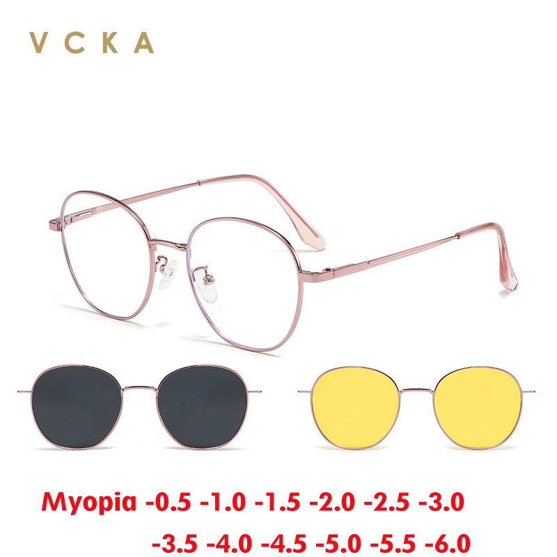 VCKA 3 IN1 Big Frame Myopia Round Sunglasses 2025 NEW Men Women Magnetic Clip Prescription Polarized Optics Glasses -0.50 to -10