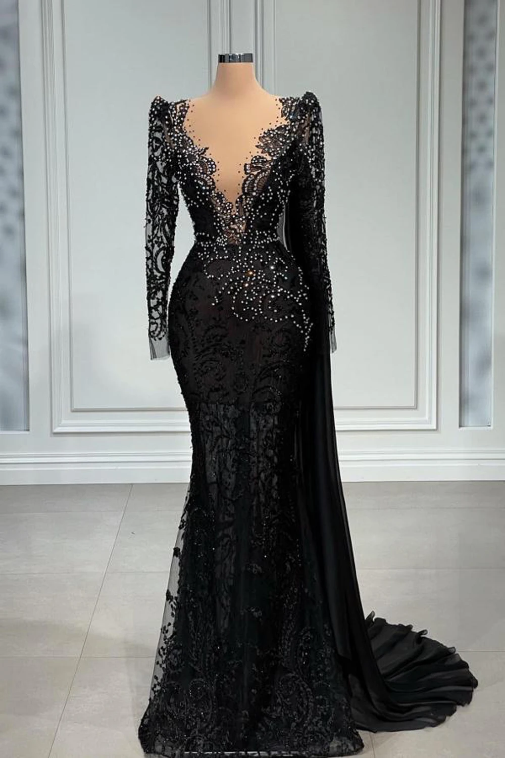 Mermaid Black Lace Evening Dresses For Women 2024 V Neck Elegant Beading Crystal Vestido De Fiesta Wedding Party Gowns Formal