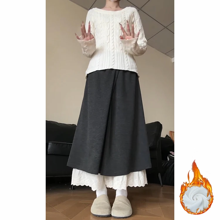 Pantalones de pierna ancha con forro de encaje y efecto adelgazante para mujer, falda envolvente de imitación drapeada, ropa informal, Otoño e Invierno