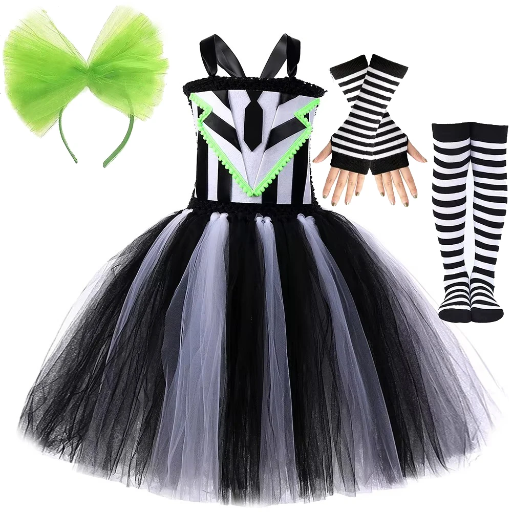Spooky Striped Gothic Clown Princess Costume for Girls Halloween Carnival Tutu Dress Kids Party Outfit with Green Bow Headband