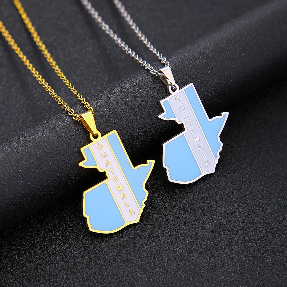 Cross-border retro drip Guatemala map pendant necklace men's and women's stainless steel couple necklace trend accessories