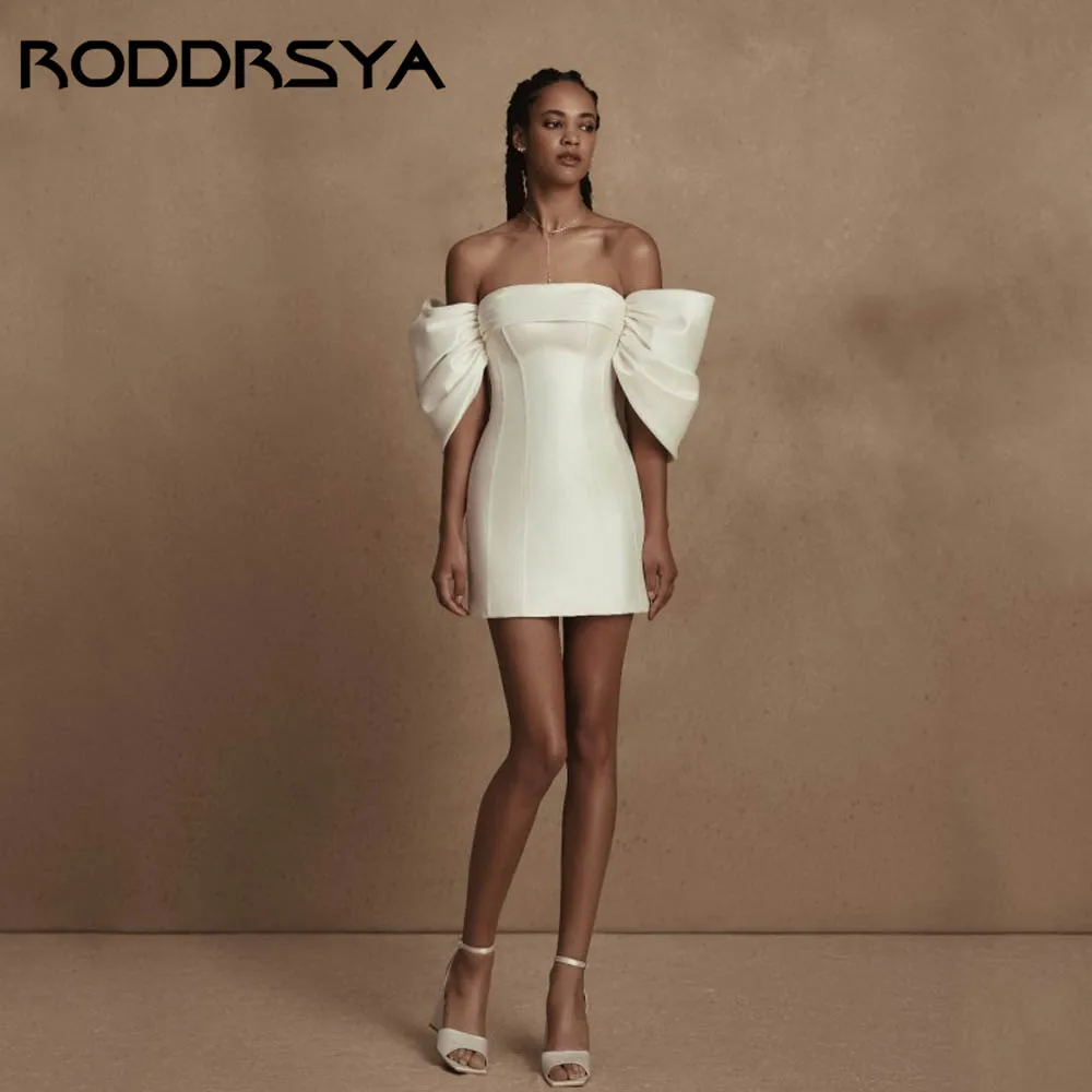 

RODDRSYA Mini White Satin Bridal Party Gown Off Shoulder Backless Lace Up Wedding Dress Simple Short vestido de novia Customized