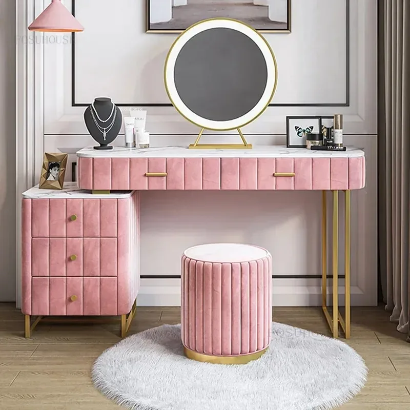 Tocador de lujo de 3 colores, tocador pequeño para apartamento, armario de almacenamiento, tocador, espejo LED integrado, muebles de dormitorio nórdico L
