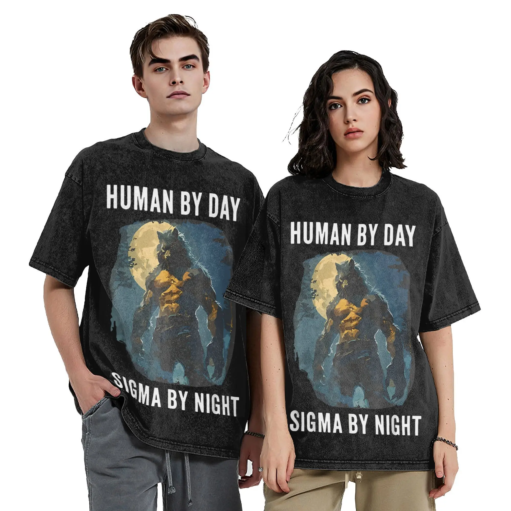 Oversize Human By Day Sigma By Night Funny Wolf Outfit T Shirt for Men Women  Washed Style Tee Shirts Clothes