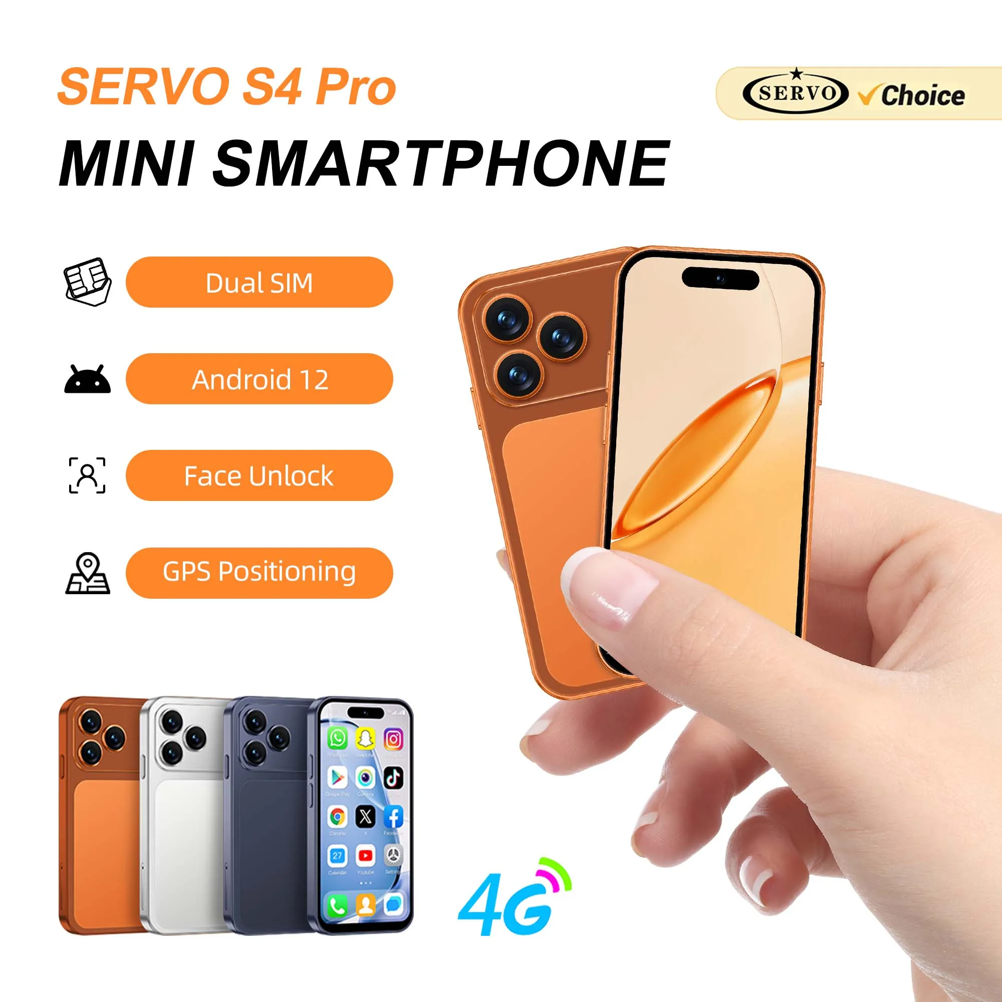 SERVO Kleines Smartphone mit 4,0-Zoll-Display, Android 12.0, 4G, Dual-SIM, Gesichtserkennung, GPS, Entsperrtes Mobiltelefon, Videoplayer