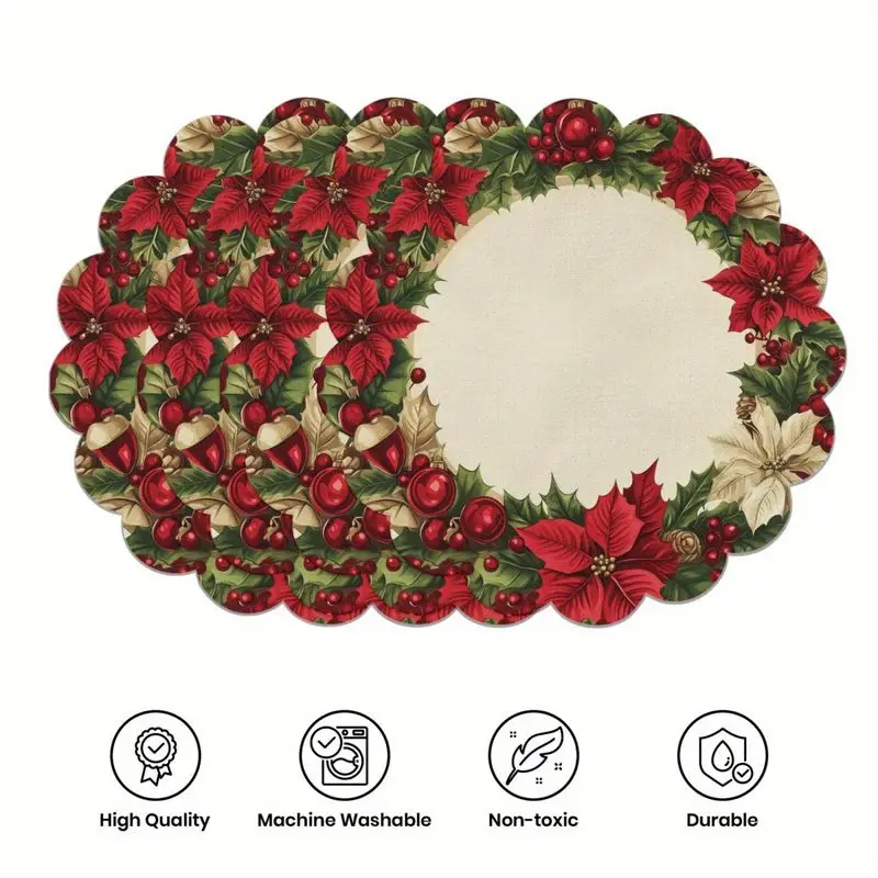 Poinsettia Holly Red Fruit Wreath Christmas Lace Placemat, Wear-Resistant Plate Mat, Home Dining Table Decoration Placemat