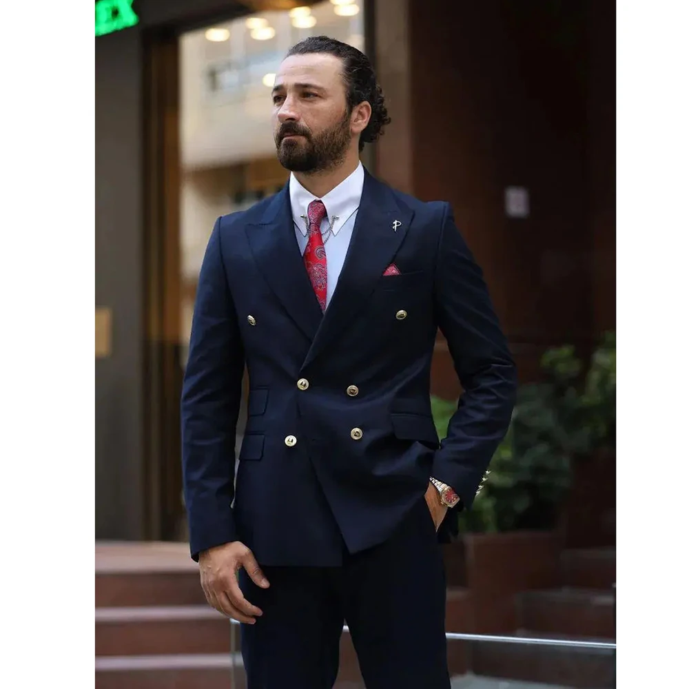 Navy Blue Double Breasted High Quality Men Suits Regular Length Formal Business Outfits Set Smart Casual 2 Piece Jacket Pants