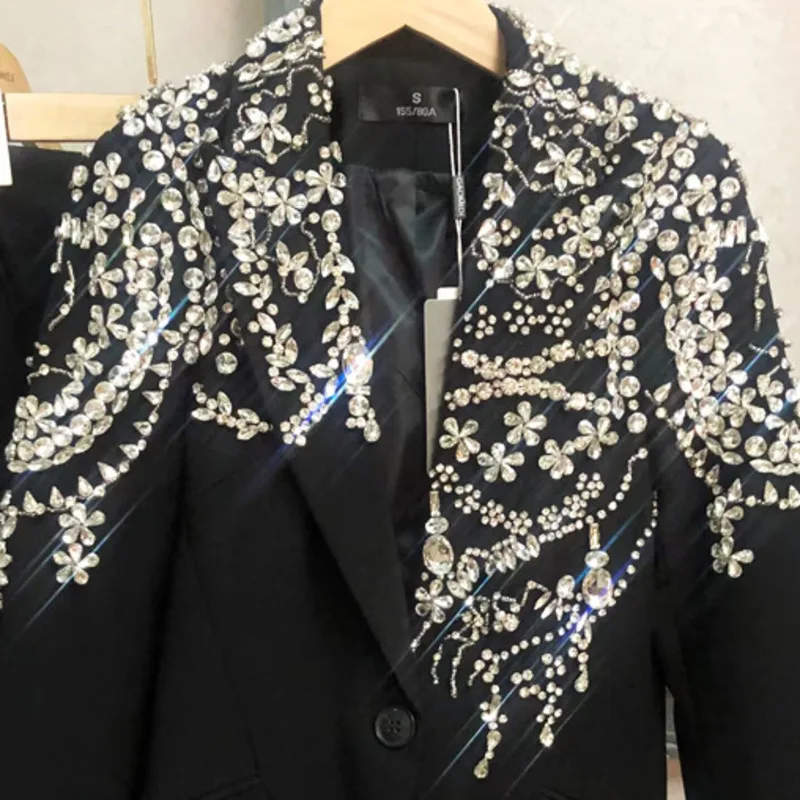 Hksh primavera outono novo blazer feminino bolsos de botão único artesanato pesado cravejado diamantes luxo elegante ins jaqueta festa hk14226